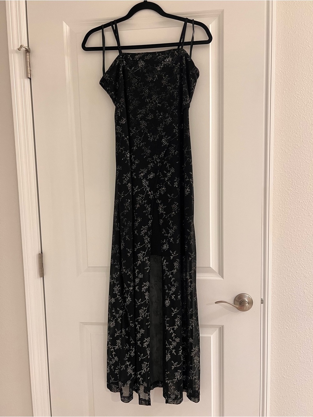 Next Up Black Silver Sparkly Floral Sheer Overlay Maxi Dress - Size Medium